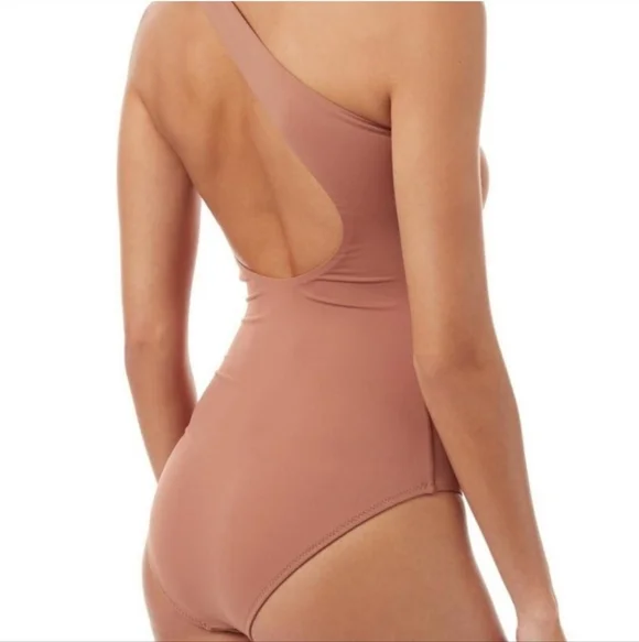 New Melissa Odabash Asymmetric Strap Gold Hardware Mocha One Piece Swimsuit Med